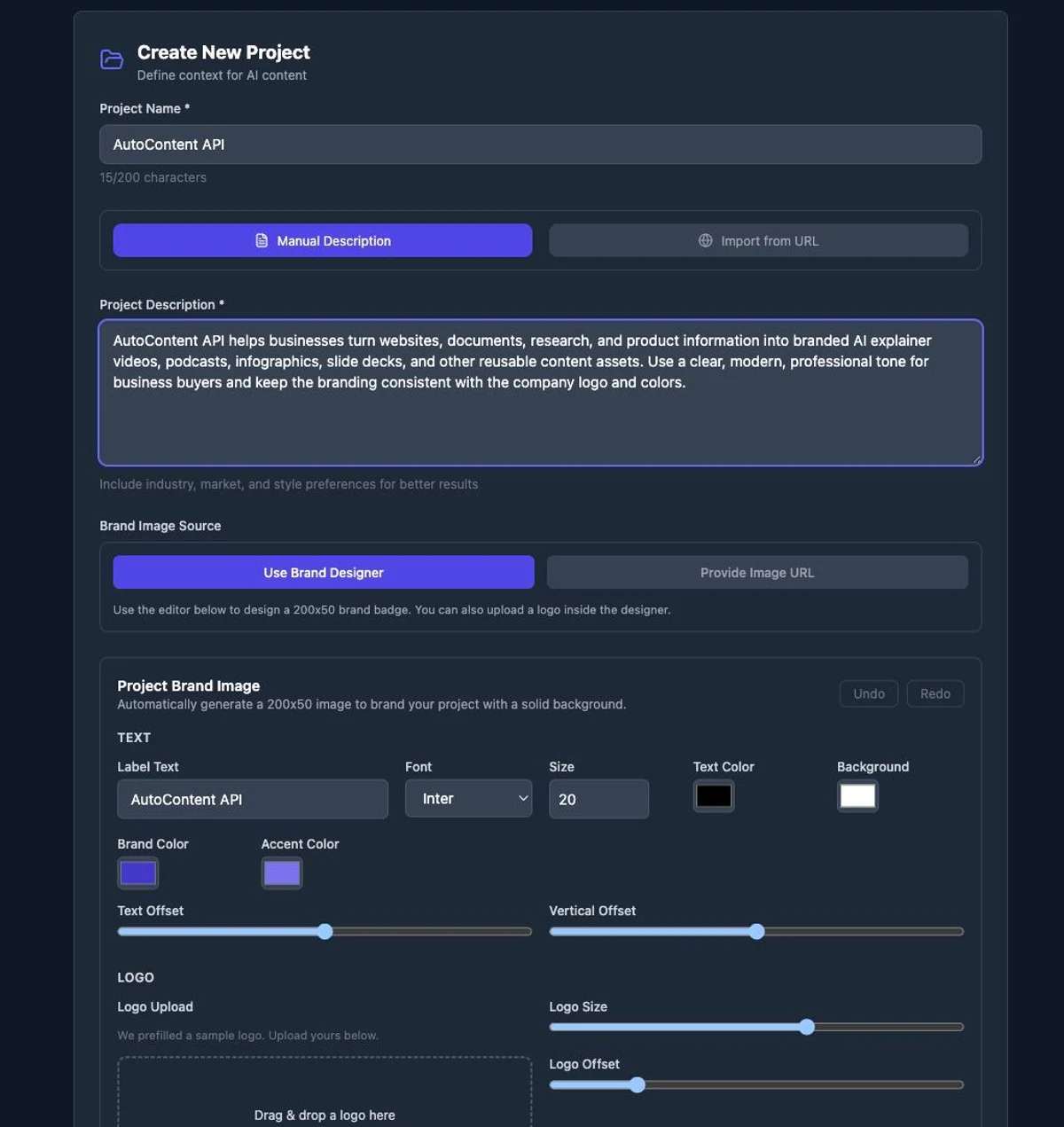 Create a branded project with company description, logo upload, and brand colors