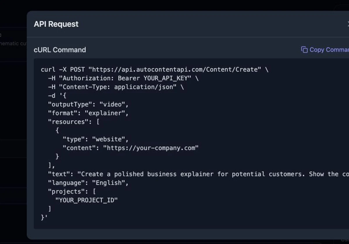 API request preview for creating a branded explainer video with a project ID